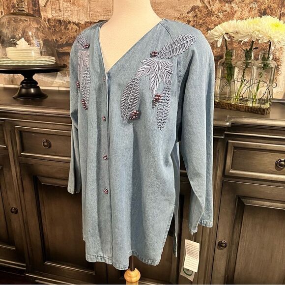 Vintage Denim Oversized Appliquéd Beaded Jacket size Large - Picture 1 of 12